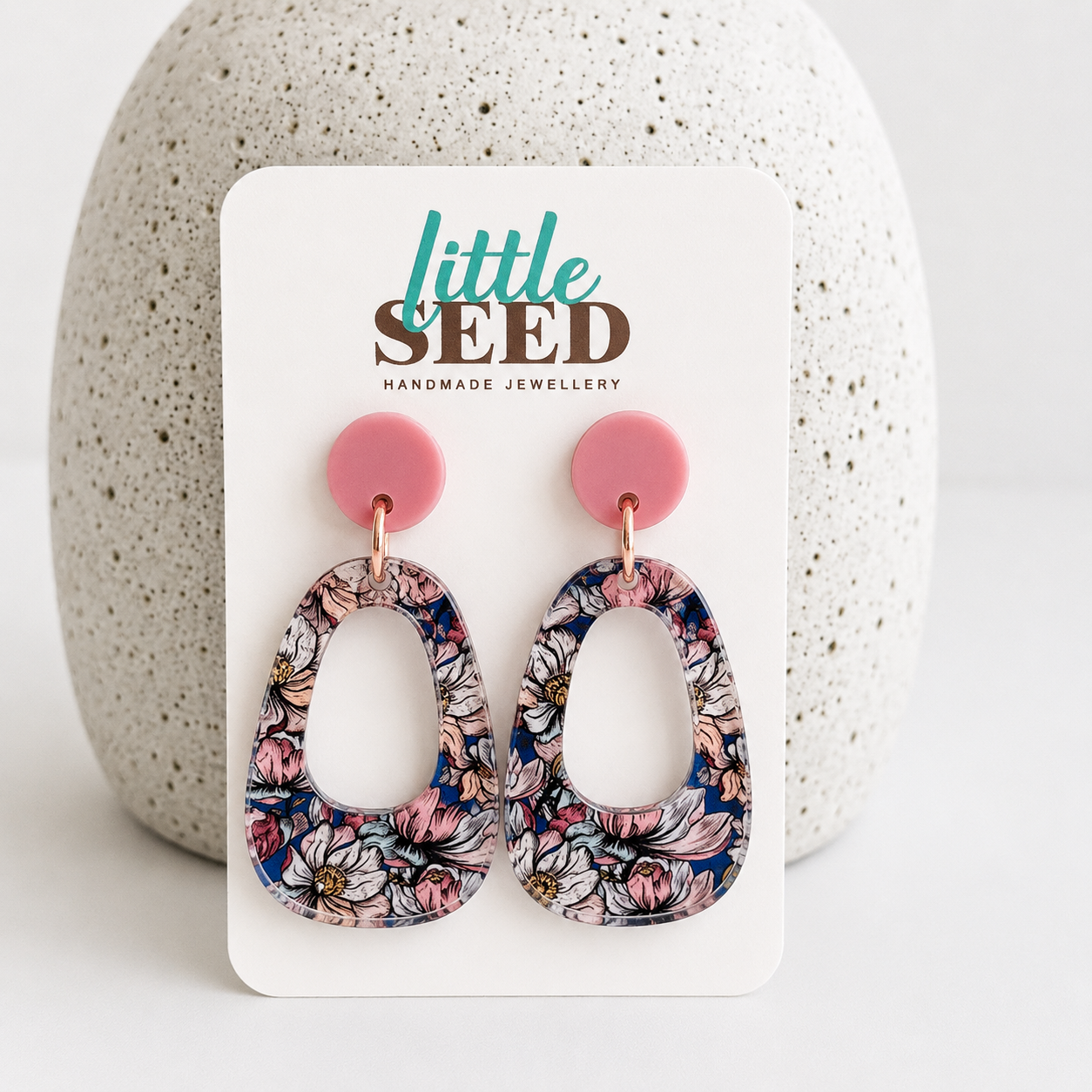 Blue Floral Acrylic Large Arch Earrings