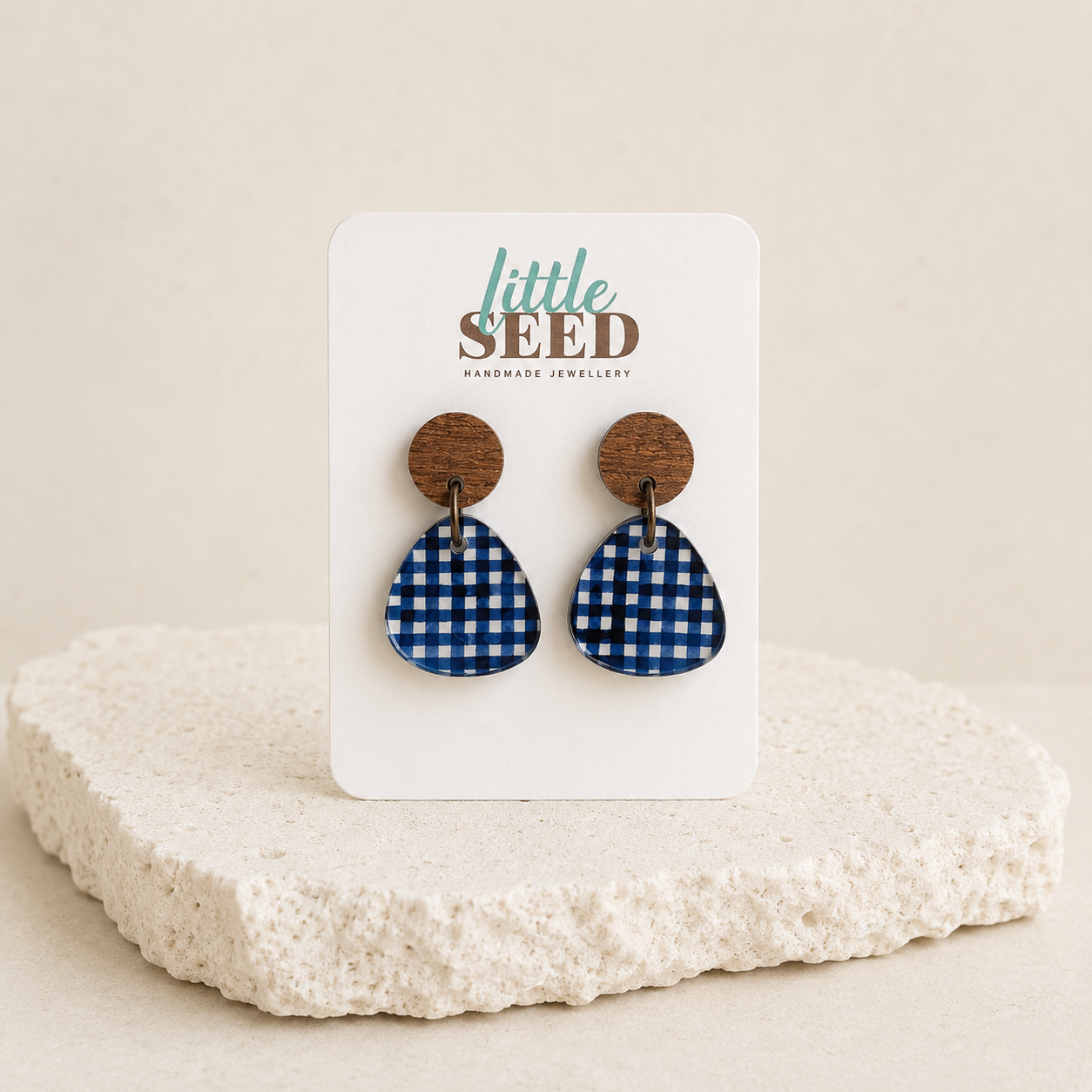 Navy Gingham Acrylic Pebble Earrings