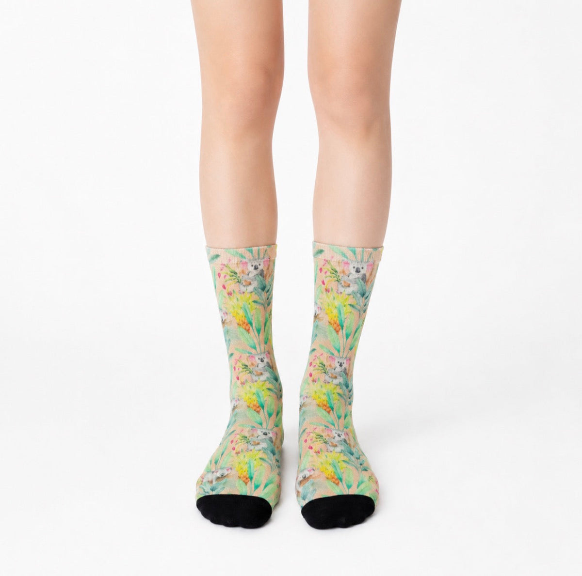 Colorful koala patterned socks on a white background