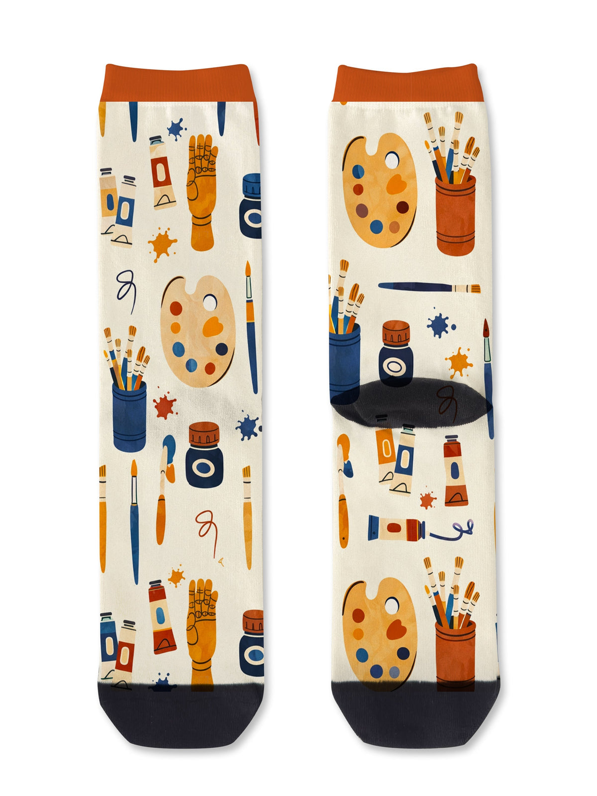 Art themed bamboo socks featuring paint and brushes on a white background.