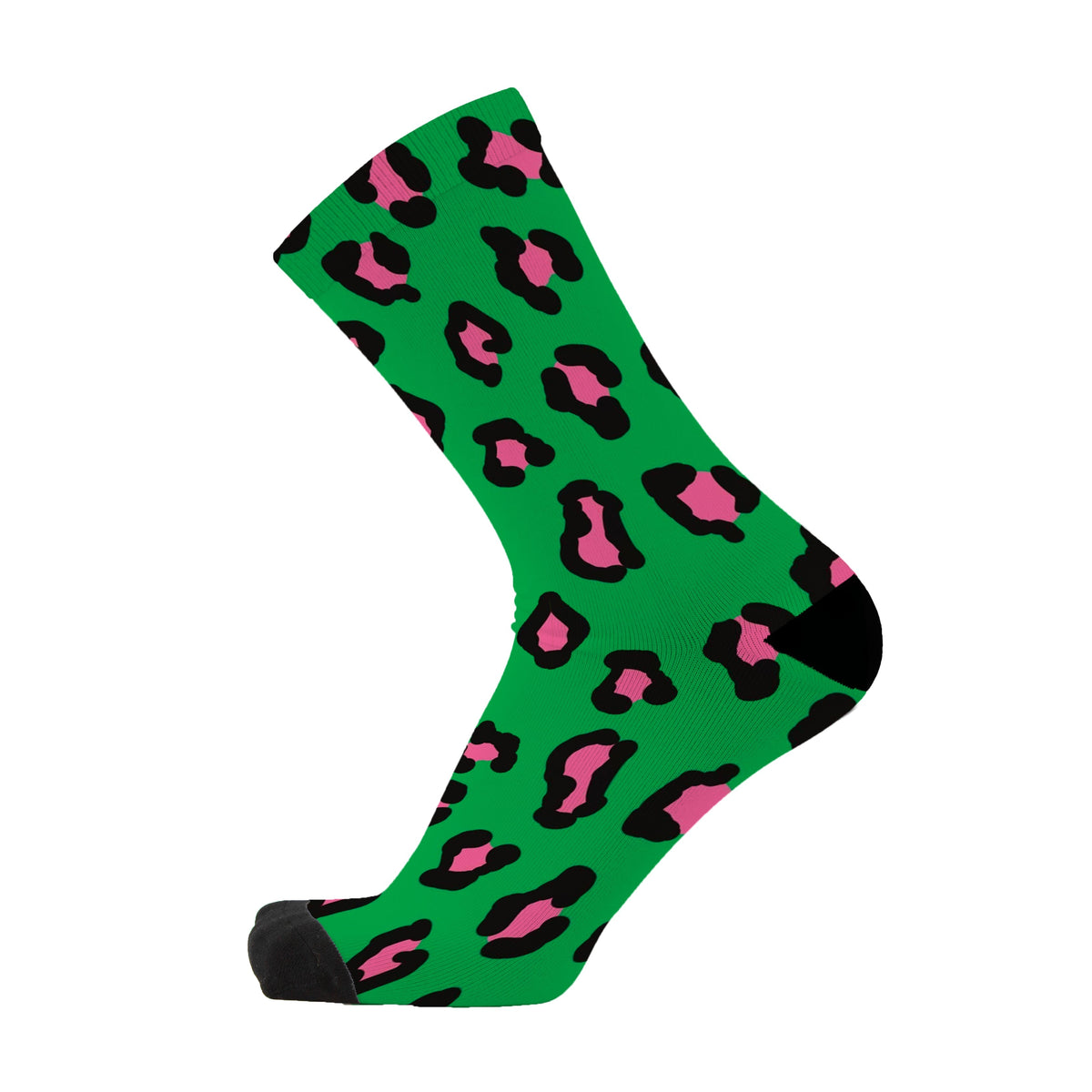 Colourful bamboo socks featuring a pink leopard print design on a green background.