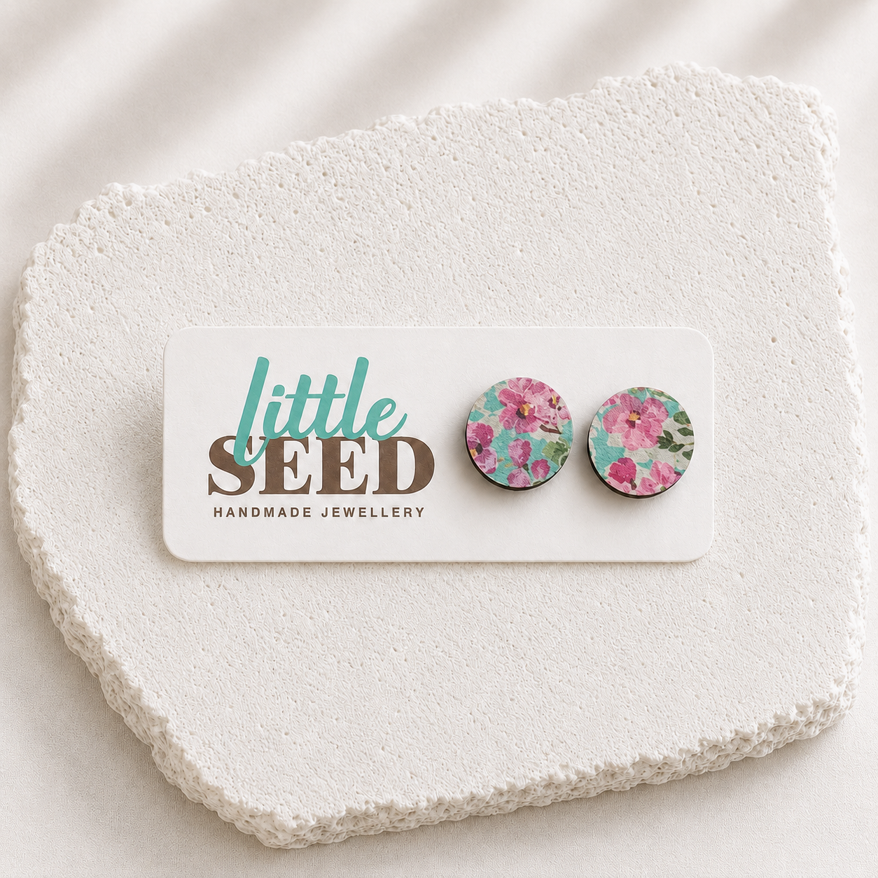 Wooden Stud Earrings Pink Bush Flowers
