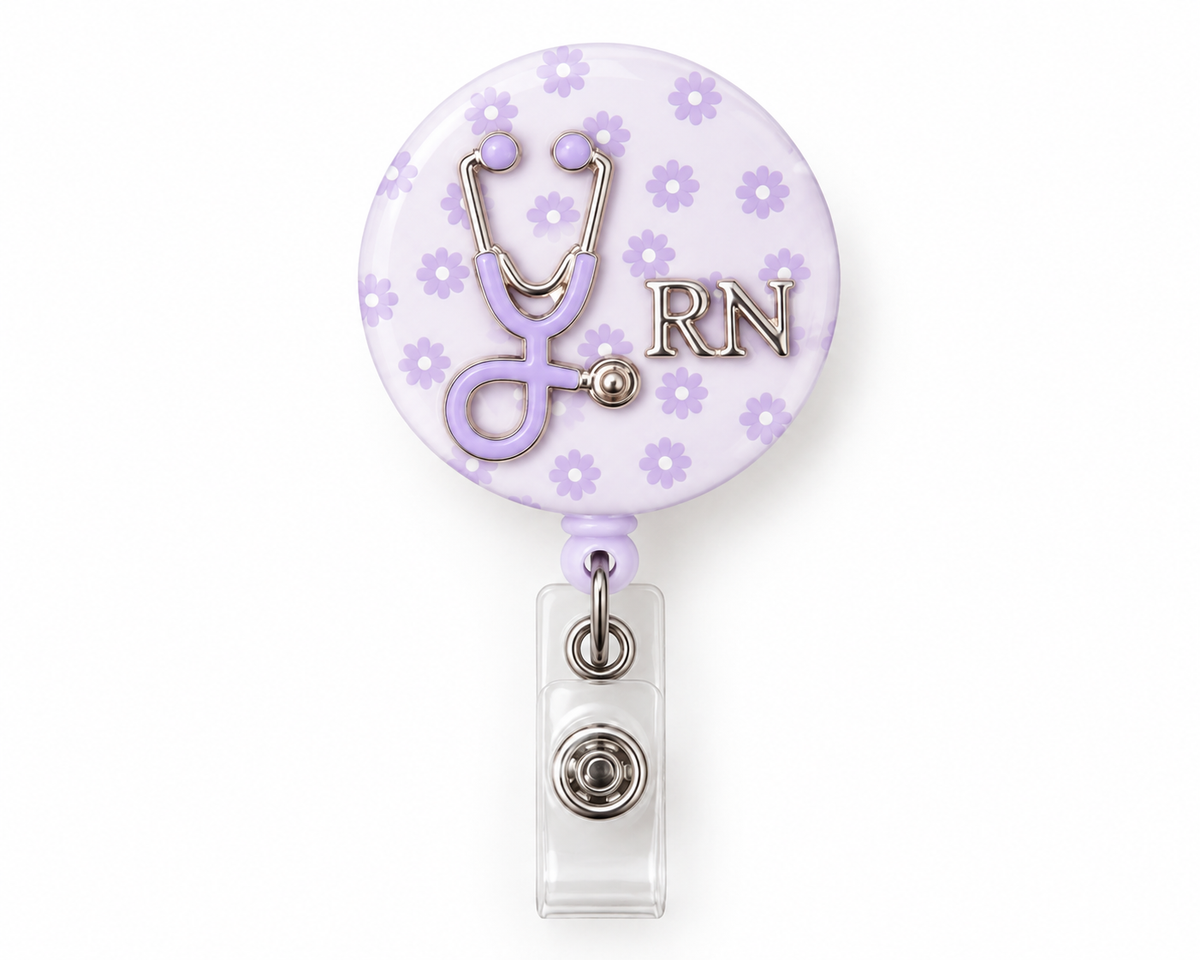 Mint daisy matching set: 'CM' badge reel and 'Kristy – Clinical Midwife' acrylic name badge with 3D daisies