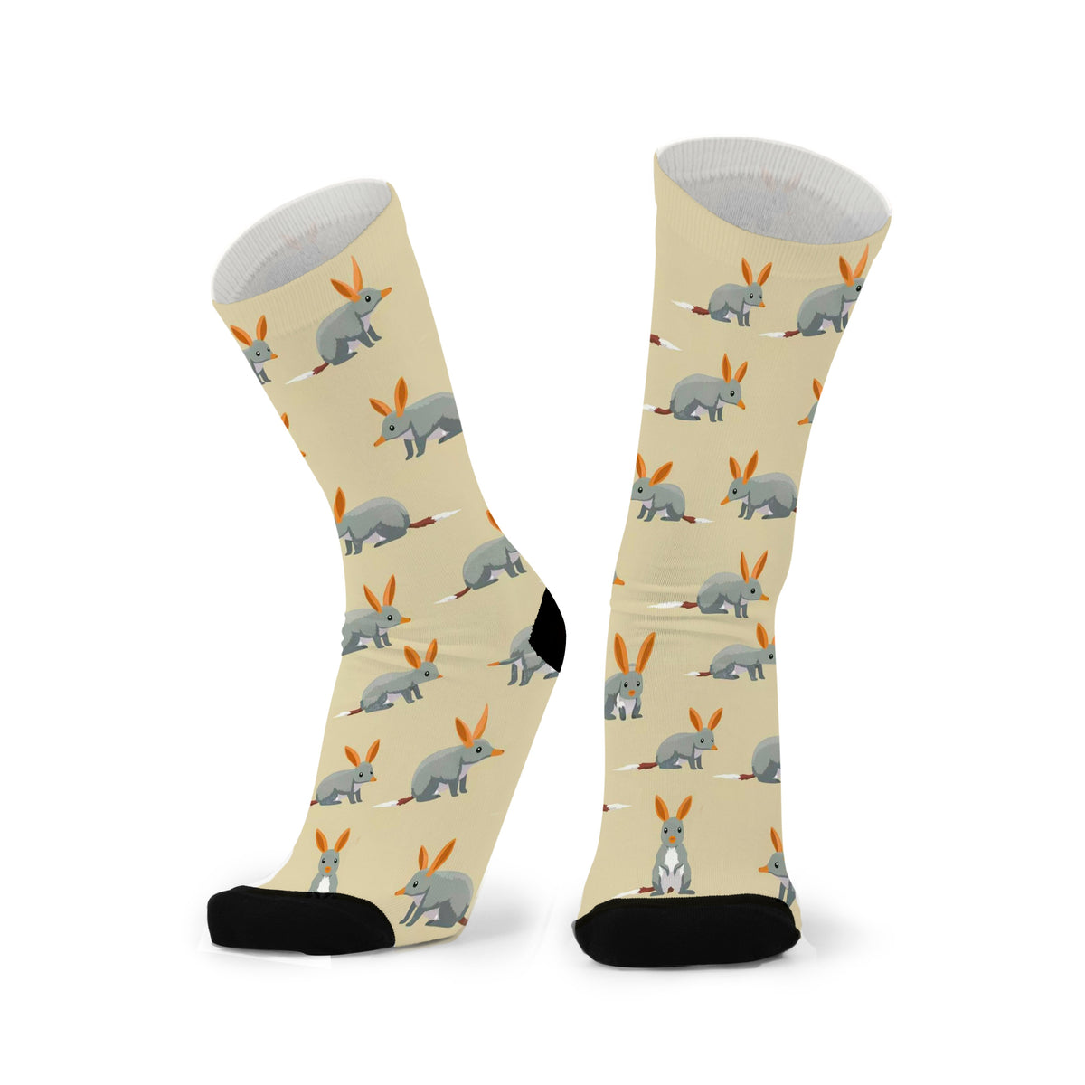Colourful bamboo socks featuring Bilbies on a light brown background.