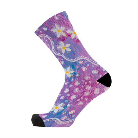 Lemon Myrtle Flowers Aboriginal art bamboo socks by Caitlin Trindall