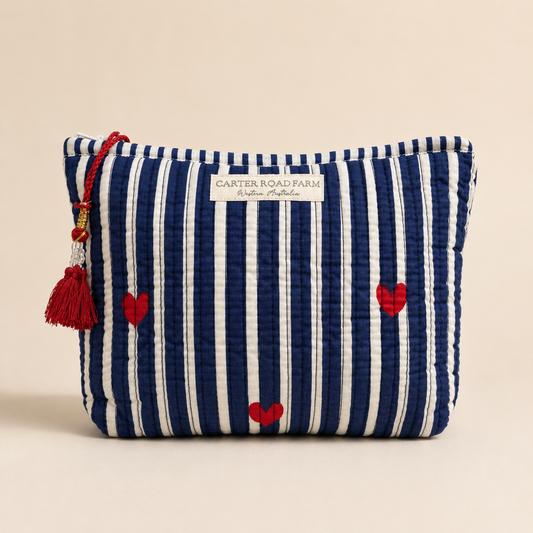 Carter Road Farm Padded Cosmetic Bag – Striped with Blue Hearts