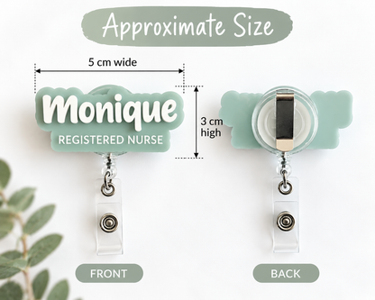 Size guide for the personalised 3D name badge reel, approx. 5 cm wide by 3 cm high, shown front and back