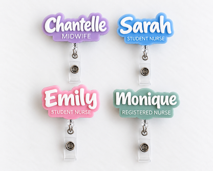 Personalised 3D nurse name badge reels with name and title for student nurses, enrolled nurses, registered nurses and midwives