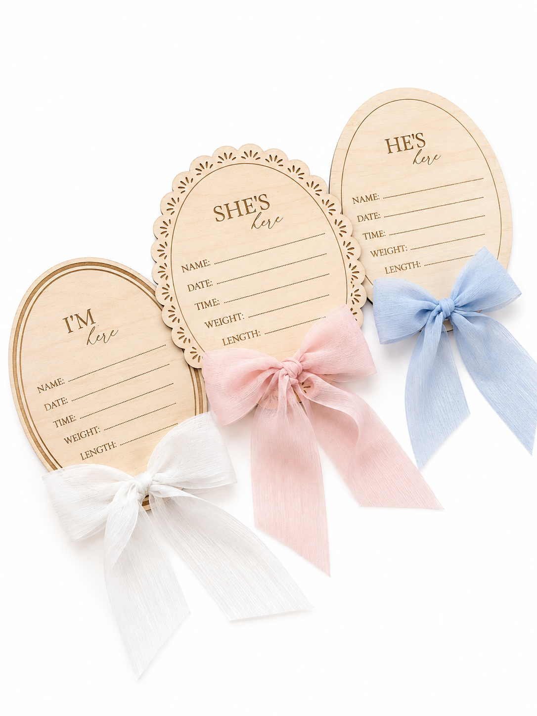 Personalised wooden birth announcement plaque with chiffon ribbon for newborn photos.