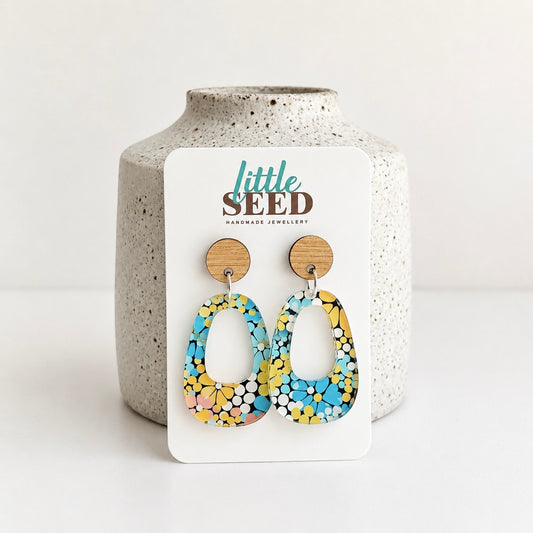 Blue & Yellow Floral Acrylic Small Arch Earrings