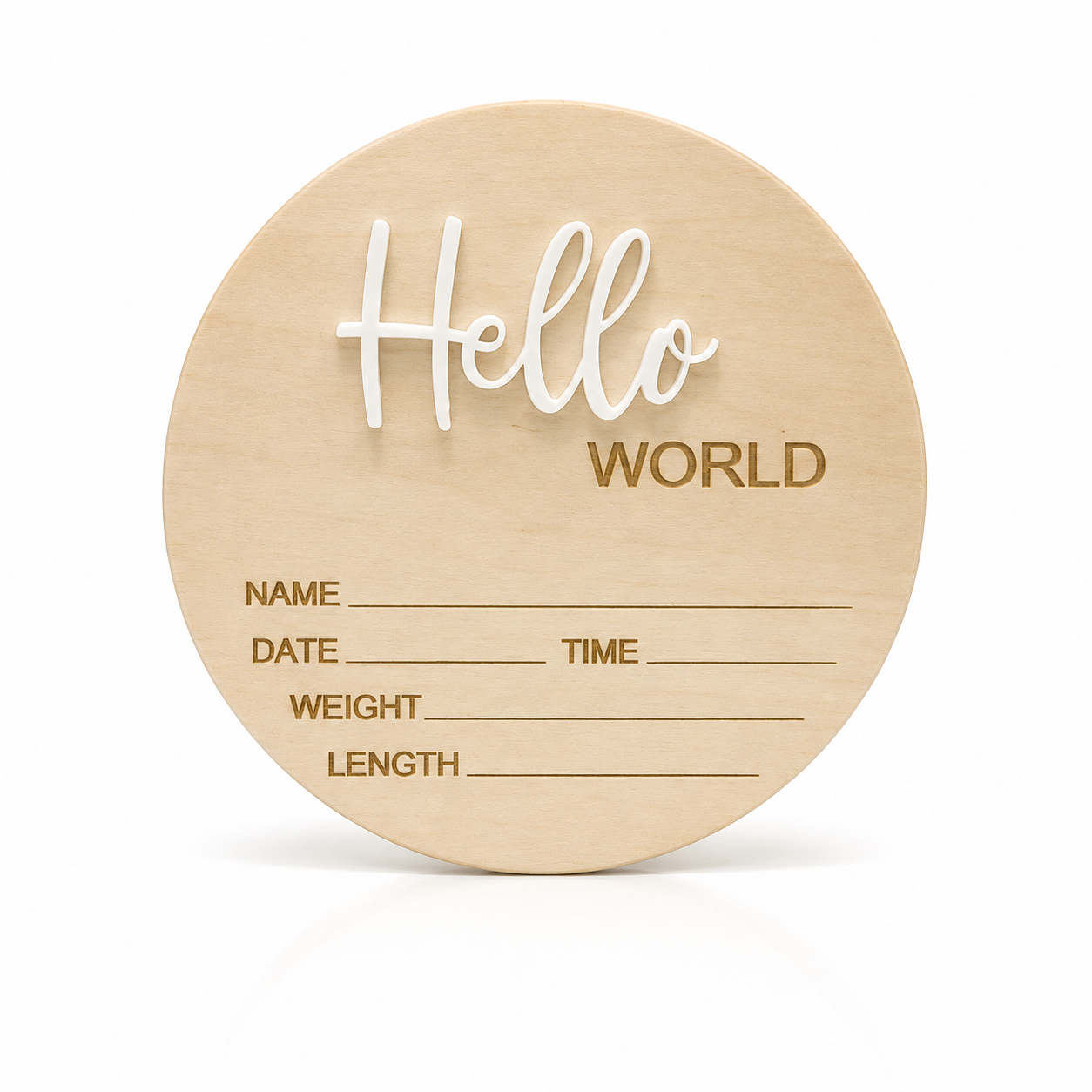 Personalised Wooden Hello World Baby Announcement Disc