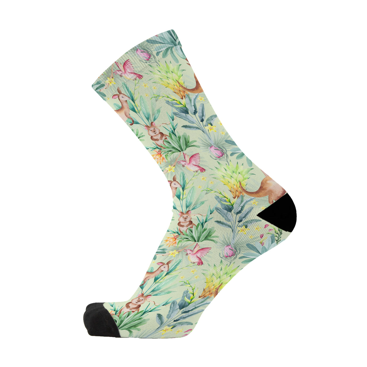 Colourful bamboo socks featuring Kangaroos, Quokkas, Galahs, flowers and leaves on a light green background.