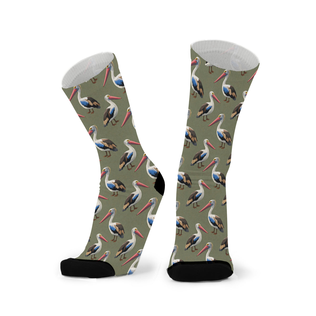 Colourful bamboo socks featuring pelicans on a dark green background.