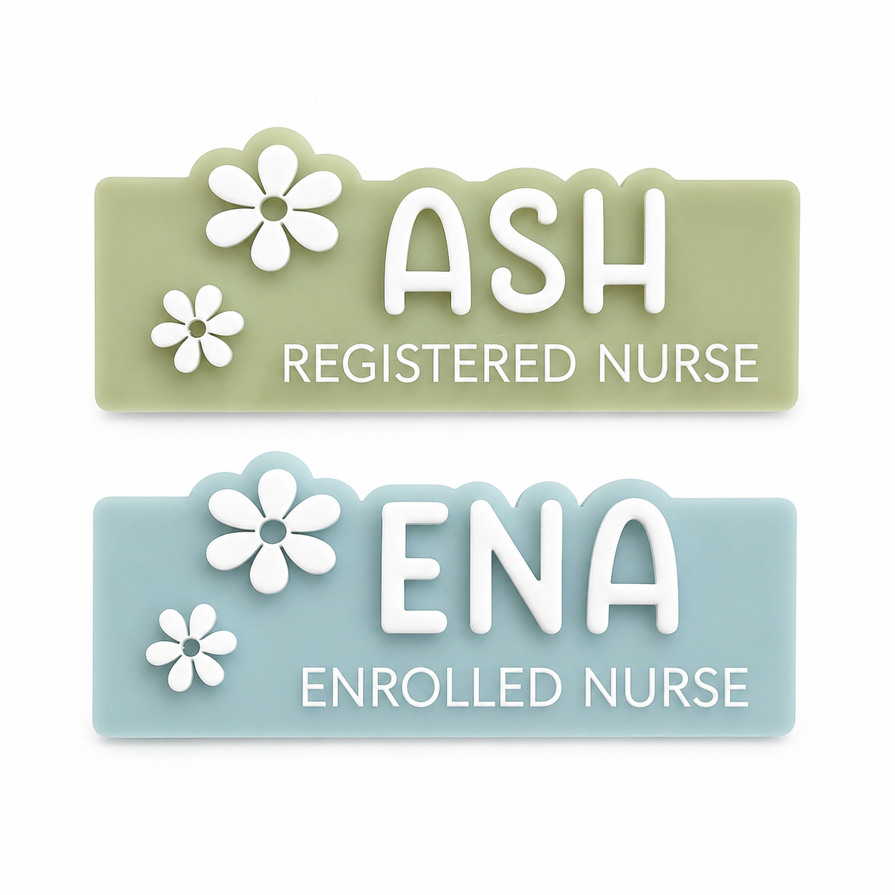 Personalised acrylic nurse name badge with raised lettering, custom name and floral design, available with pin or magnetic backing in a range of colours.