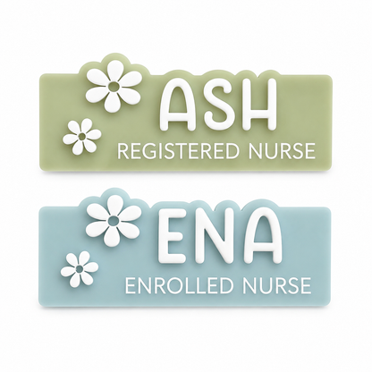 Personalised acrylic nurse name badge with raised lettering, custom name and floral design, available with pin or magnetic backing in a range of colours.