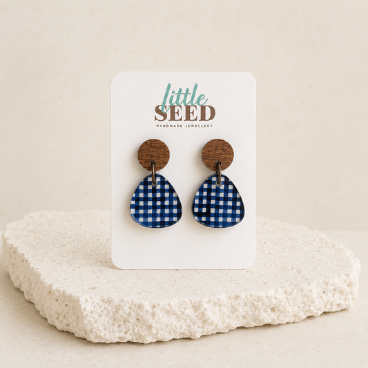 Navy Gingham Acrylic Pebble Earrings