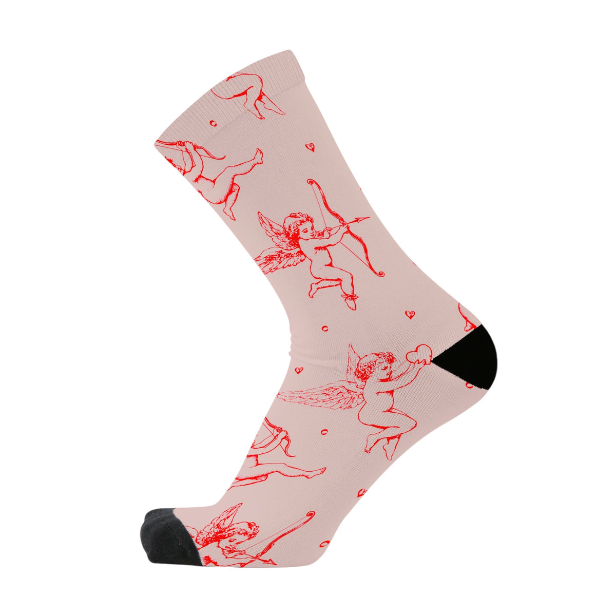 Colourful bamboo socks featuring a cherub or cupid with a bow and hearts on a light pink background.