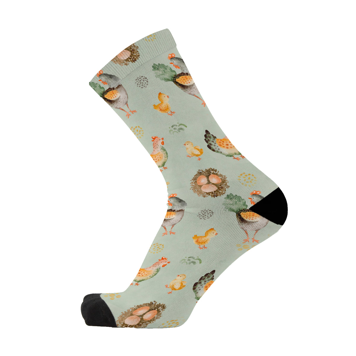 Farm animal bamboo socks featuring chicken and eggs on a blue grey background.