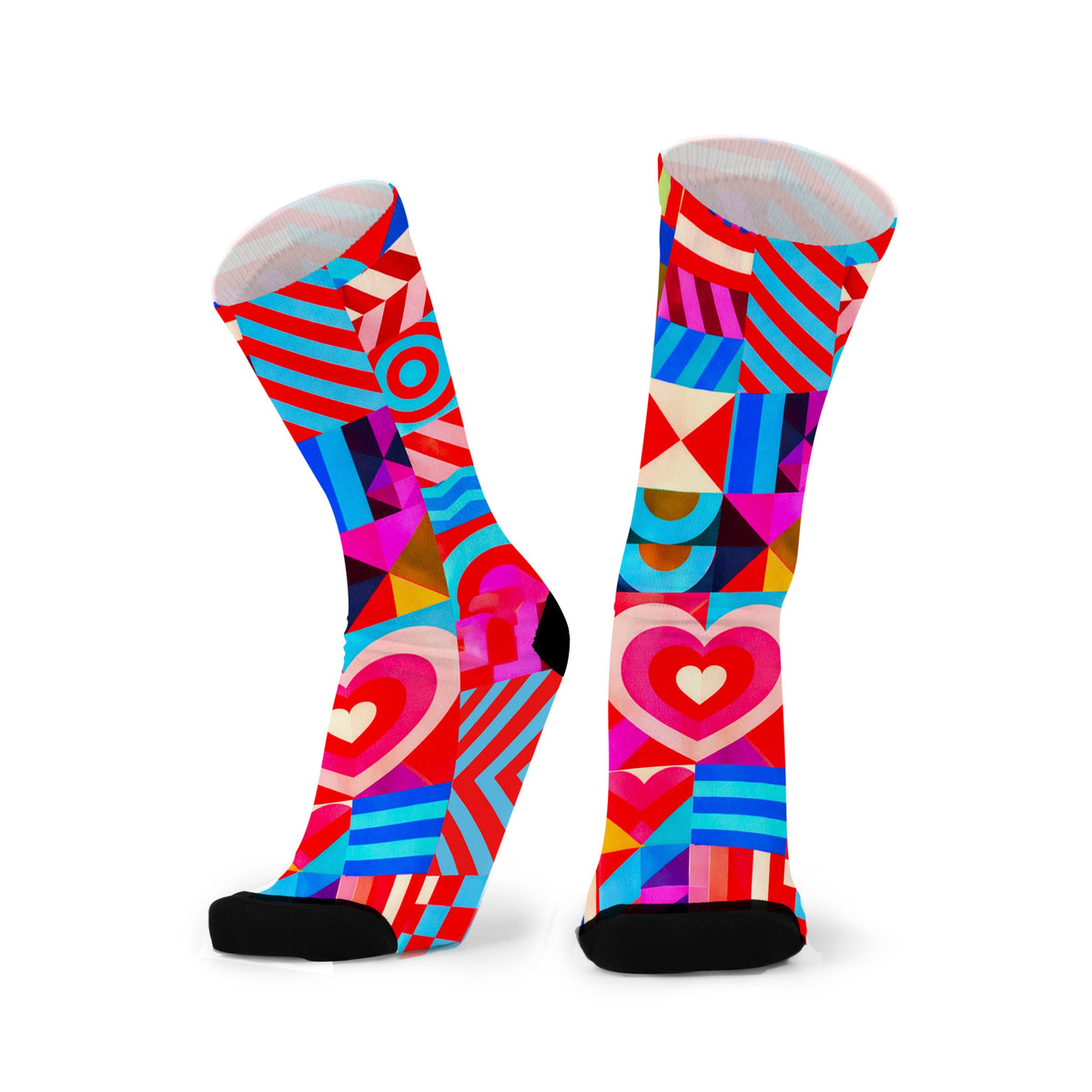 Colourful bamboo socks featuring geometric shapes, stripes, hearts and circles.