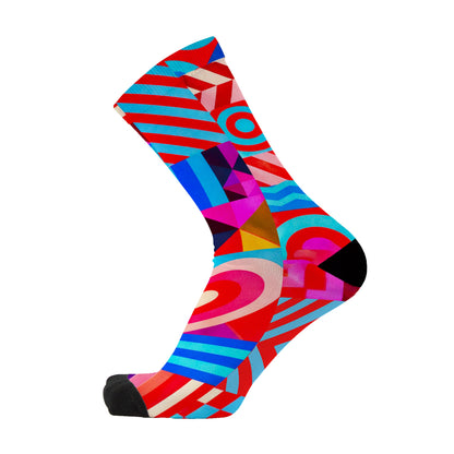 Colourful bamboo socks featuring geometric shapes, stripes, hearts and circles.