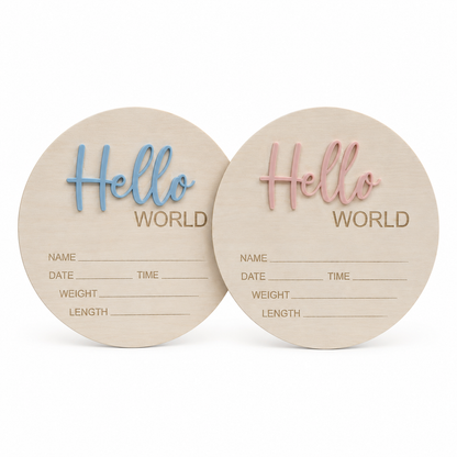 Personalised Wooden Hello World Baby Announcement Disc