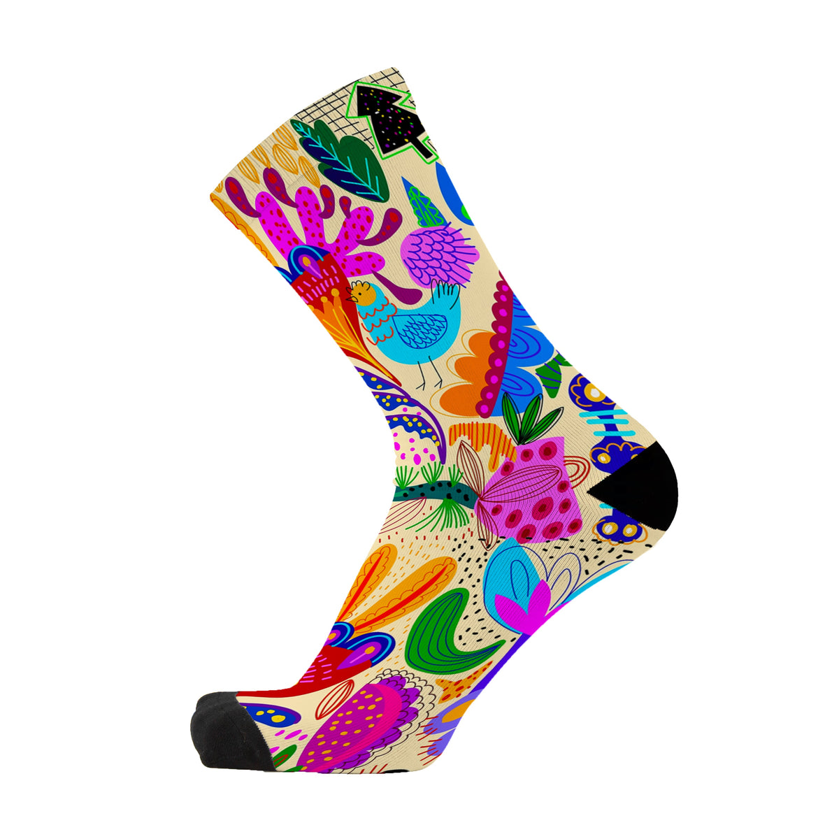 Colourful bamboo socks featuring flowers, leaves and a chicken on a beige background.