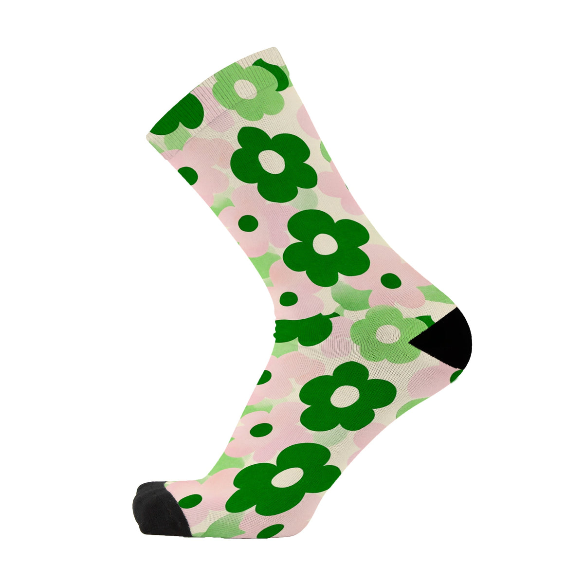 Colourful bamboo socks featuring green flowers on a pink background.