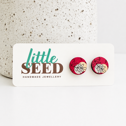 Wooden Stud Earrings - Red