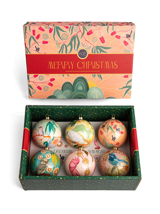 Dreamtime Symphony Aboriginal art Christmas baubles 6 pack by Domica Hill, Koh Living