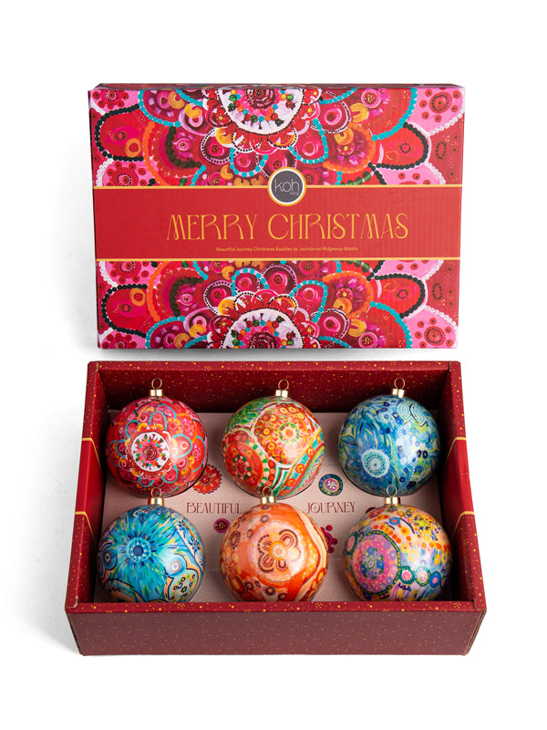Beautiful Journey Aboriginal art Christmas baubles 6 pack by Jacinta-Rai Ridgeway-Maahs, Koh Living