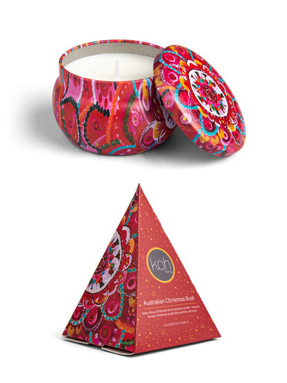 Christmas Bush scented candle tin with Gathering of Hearts artwork by Jacinta-Rai Ridgeway-Maahs, Koh Living