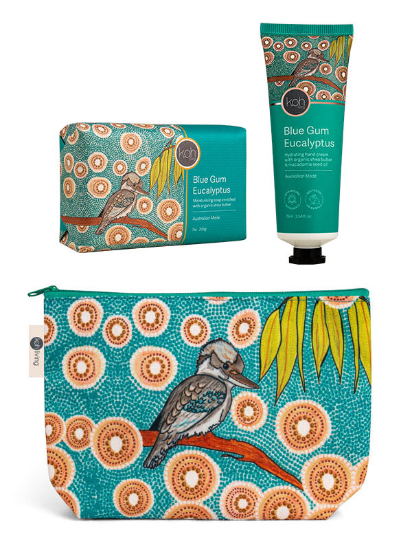 Blue Gum Eucalyptus gift set with Kookaburra Dreaming artwork by Domica Hill, Koh Living