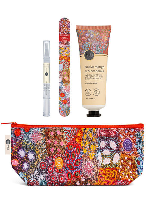 Native Mango & Macadamia gift set with Grandmother's Country artwork by Michelle Possum, Koh Living