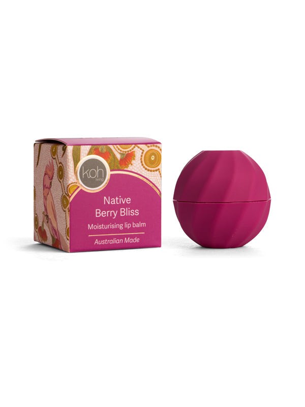 Native Berry Bliss lip balm with Spirit Being artwork by Domica Hill, Koh Living