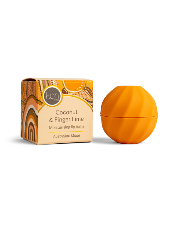 Coconut & Finger Lime lip balm with Journeys in the Sun artwork by Jacinta-Rai Ridgeway-Maahs, Koh Living