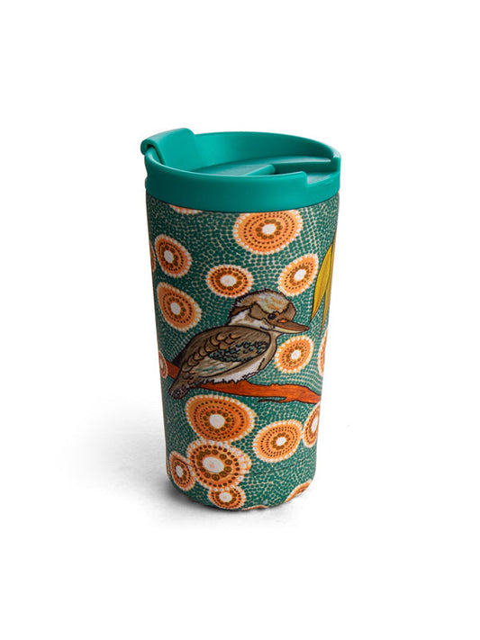 Kookaburra Aboriginal art stainless steel travel mug by Domica Hill, Koh Living