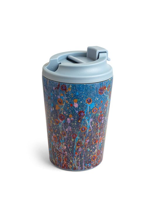 Morning Mist Aboriginal art stainless steel travel mug by Marlene Harold, Koh Living