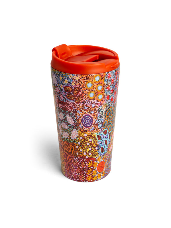 Grandmother's Country Aboriginal art stainless steel travel mug by Michelle Possum, Koh Living
