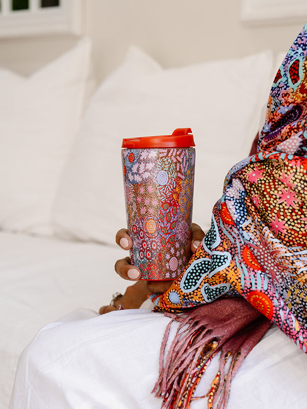 Grandmother's Country Aboriginal art stainless steel travel mug by Michelle Possum, Koh Living (view 2)