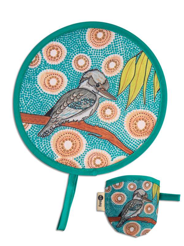 Kookaburra Aboriginal art twist foldable fan by Domica Hill, Koh Living