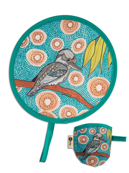 Kookaburra Aboriginal art twist foldable fan by Domica Hill, Koh Living
