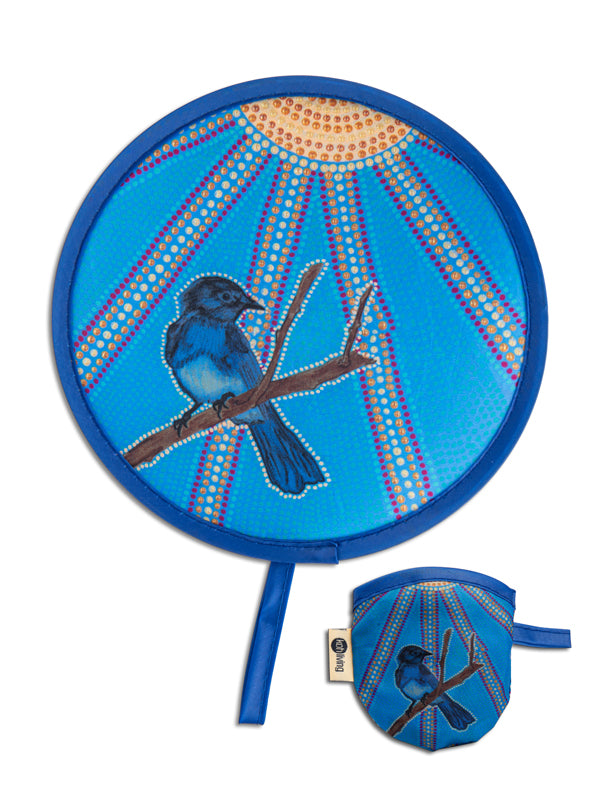 Willy Wagtail Aboriginal art twist foldable fan by Domica Hill, Koh Living