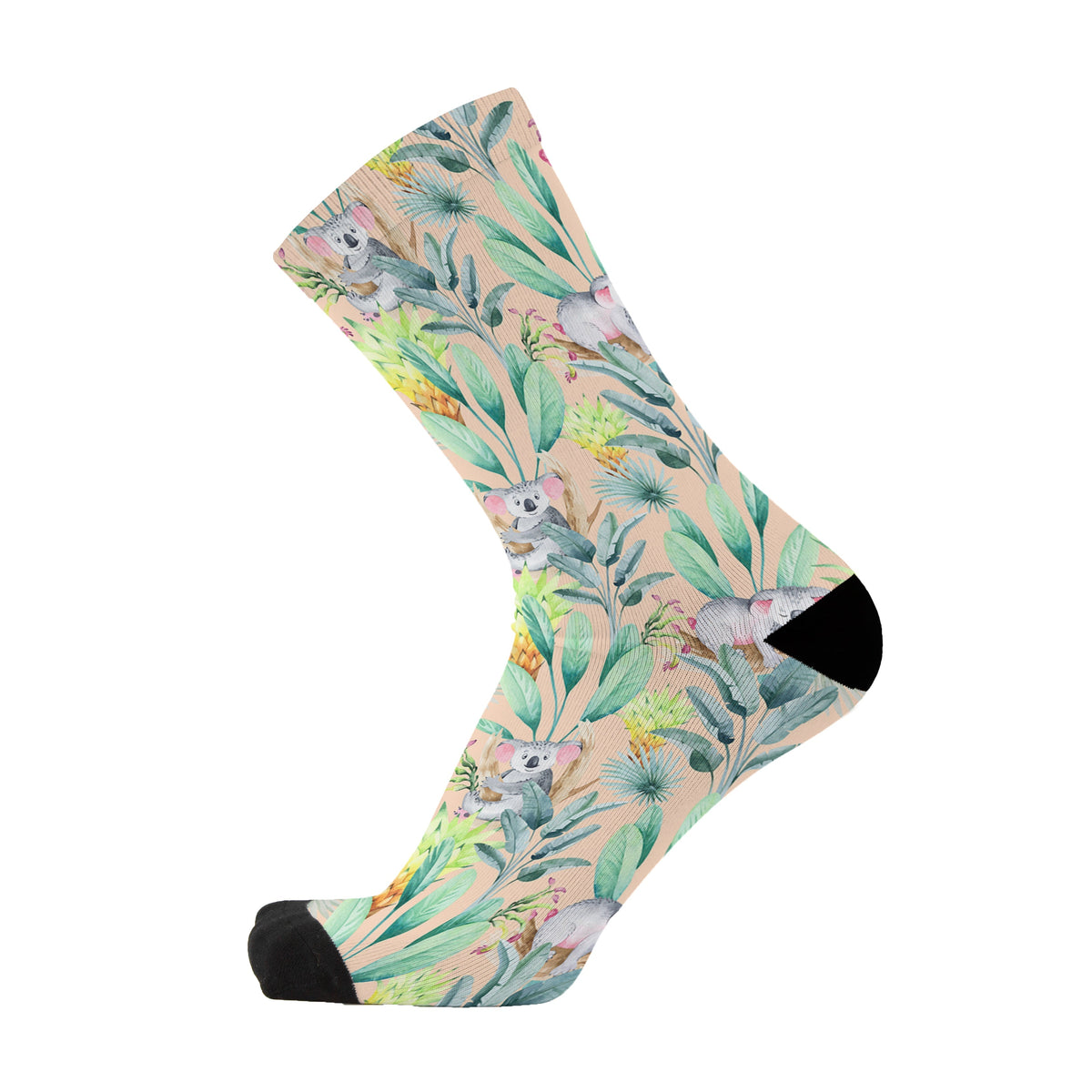 Colourful bamboo socks featuring Koalas and leaves on a cream background.