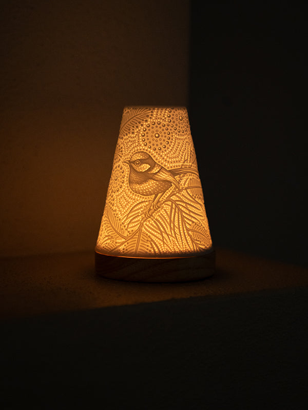 Blue Wren Minikin porcelain tealight lantern by Koh Living, artwork by Domica Hill (view 2)