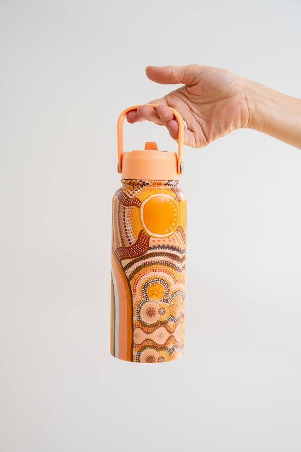 Journeys in the Sun Aboriginal art insulated water bottle by Jacinta-Rai Ridgeway-Maahs, Koh Living (view 2)