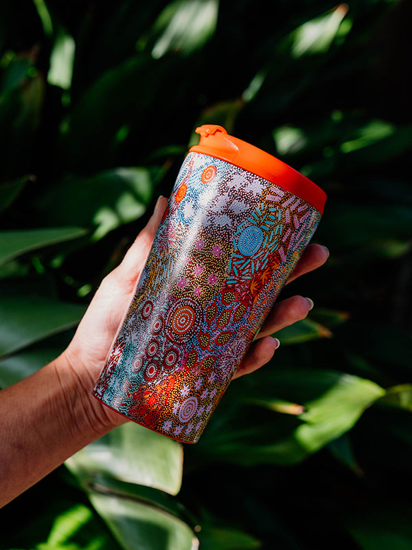 Grandmother's Country Aboriginal art stainless steel travel mug by Michelle Possum, Koh Living (view 3)