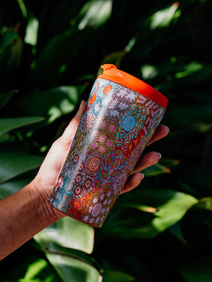 Grandmother's Country Aboriginal art stainless steel travel mug by Michelle Possum, Koh Living (view 3)