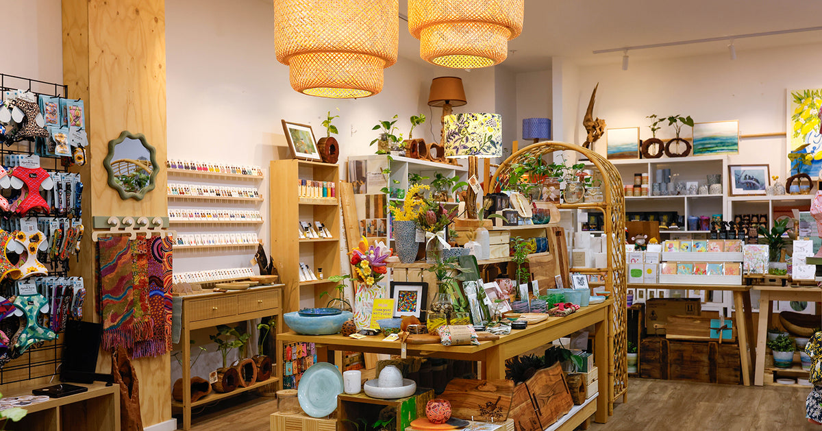 Inside Little Seedlings Gift Store at Dianella Plaza, Perth, with shelves of handmade WA gifts, homewares and jewellery