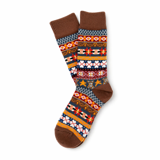 Pair of patterned socks with brown accents on a white background. Scandinavian Style Socks By RedFoxSox