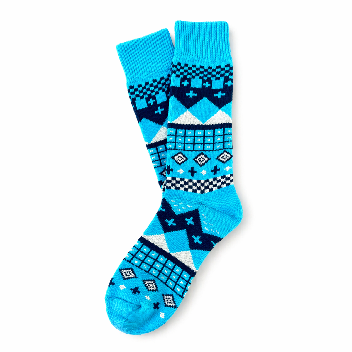 Pair of blue Nordic patterned socks on a white background